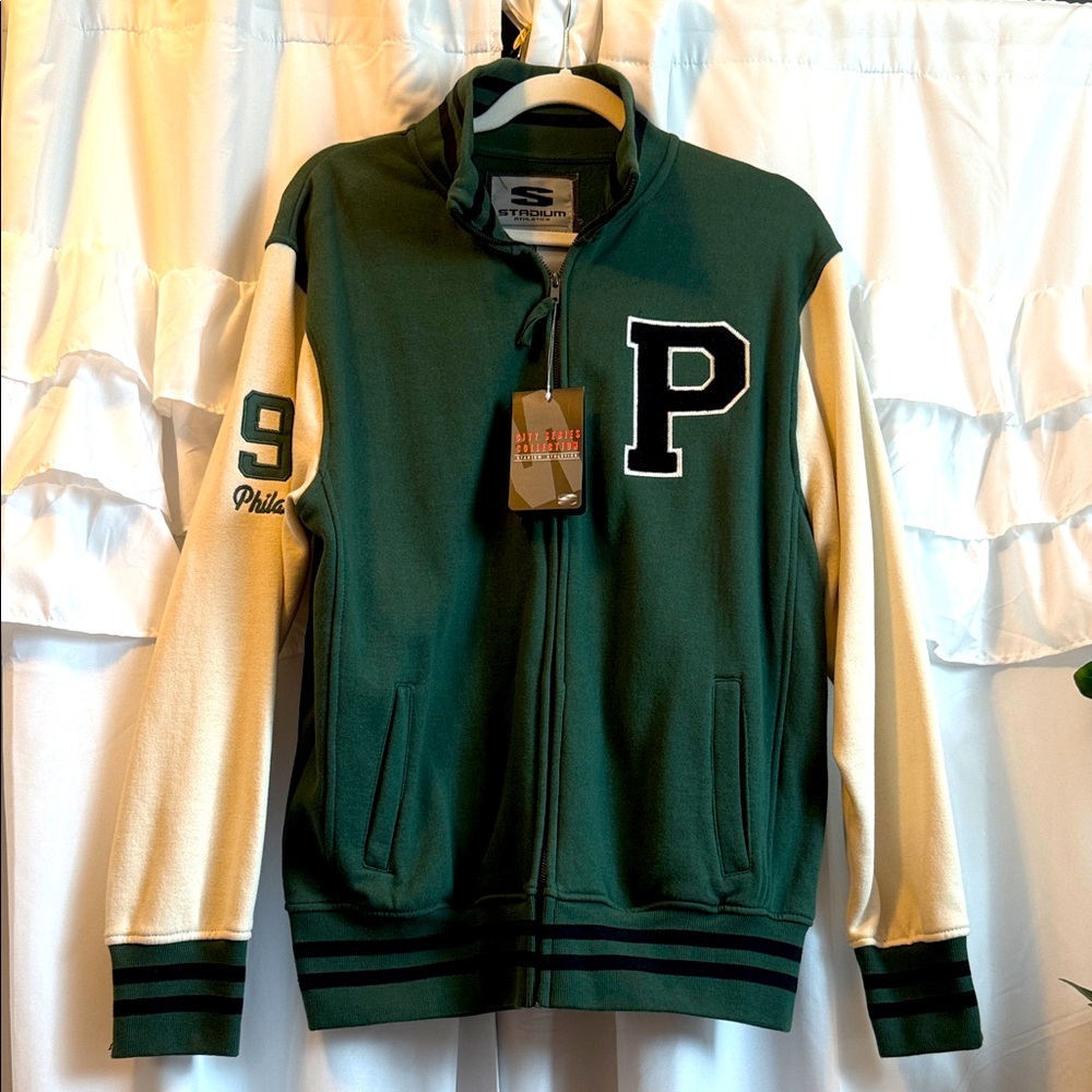 Stadium Athletics Green and Cream Varsity Jacket